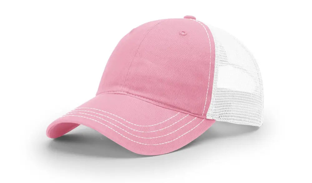 Pink and white trucker hat with leather patch for first responders and firefighter support