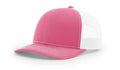 Pink and white trucker hat with serpent skull leather patch and skull leather patch design