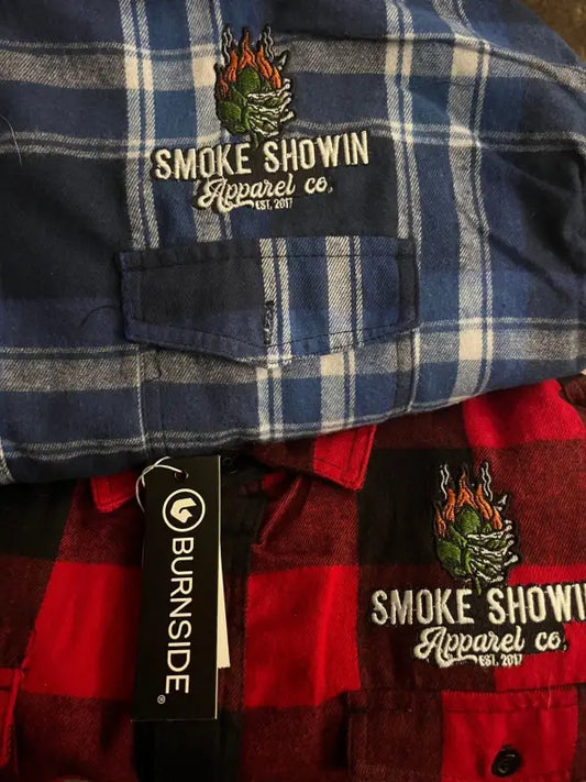 Plaid flannel shirts with Smoke Showin Apparel Co. logos, perfect for Burning Hop Flannel