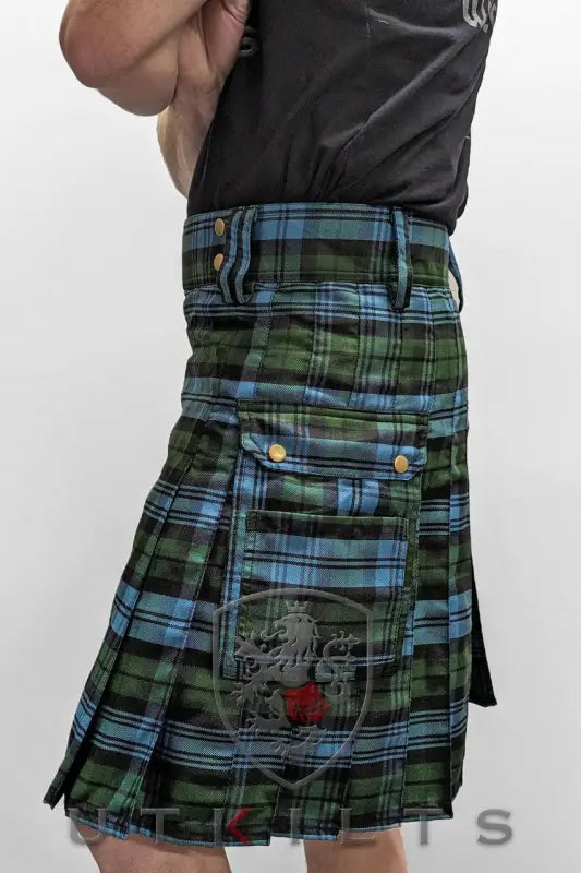 Plaid kilt in blue and green Black Watch Ancient tartan with cargo pockets, utility kilt