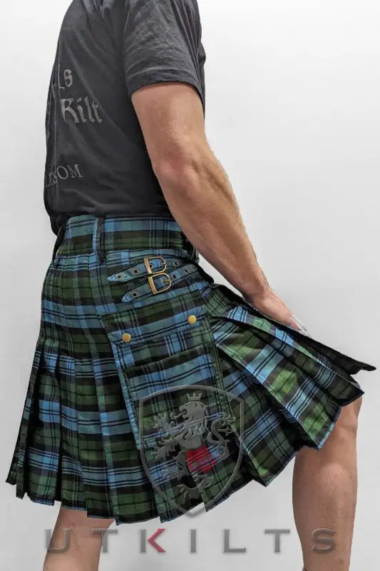 Plaid kilt with blue and green tartan pattern in Black Watch Ancient design