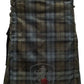 Plaid tartan utility kilt featuring a lion emblem design in Black Watch Weathered pattern