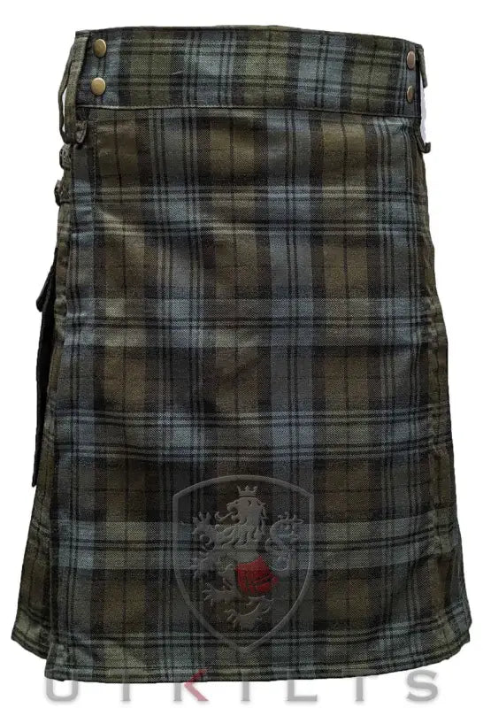 Plaid tartan utility kilt featuring a lion emblem design in Black Watch Weathered pattern