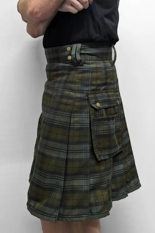 Dark green and black tartan utility kilt in Black Watch Weathered style