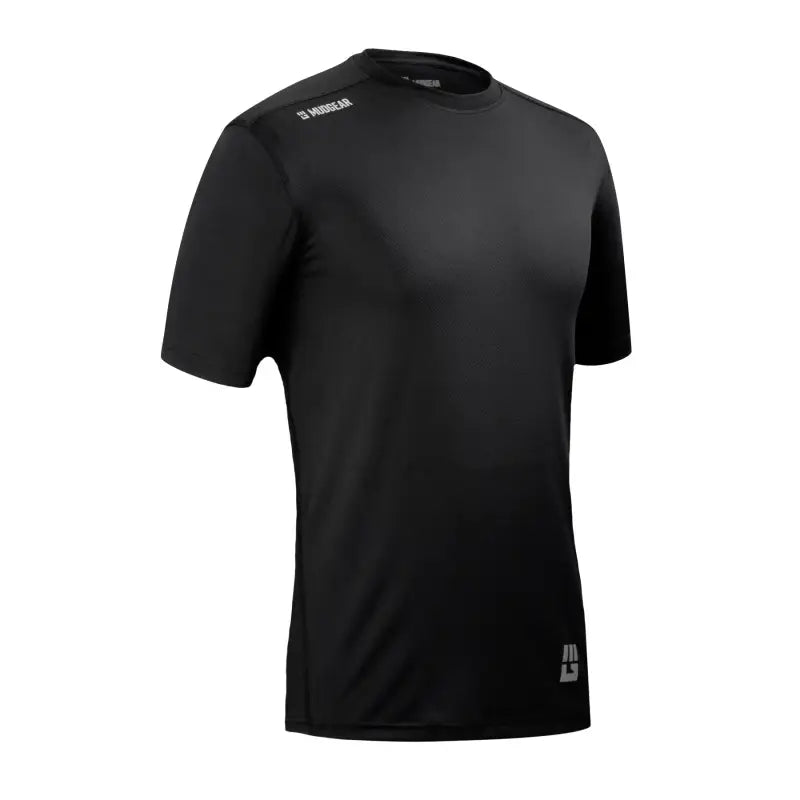 Plain black men’s fitted performance shirt with short sleeves for athletic wear