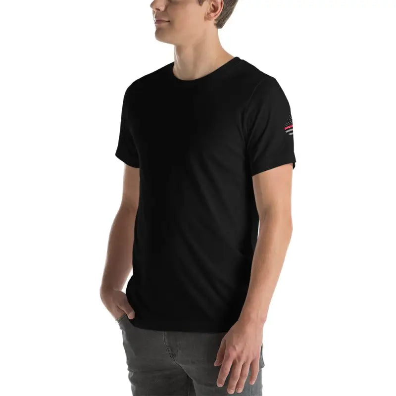 Plain black crew neck t-shirt with American flag detail, perfect for layering with heather prism lilac