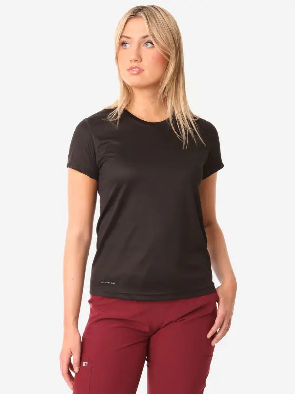 Plain black women’s short-sleeve underscrub t-shirt with short sleeves