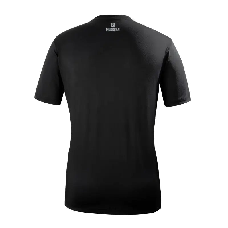 Plain black men’s fitted performance short sleeve shirt with small logo at neckline