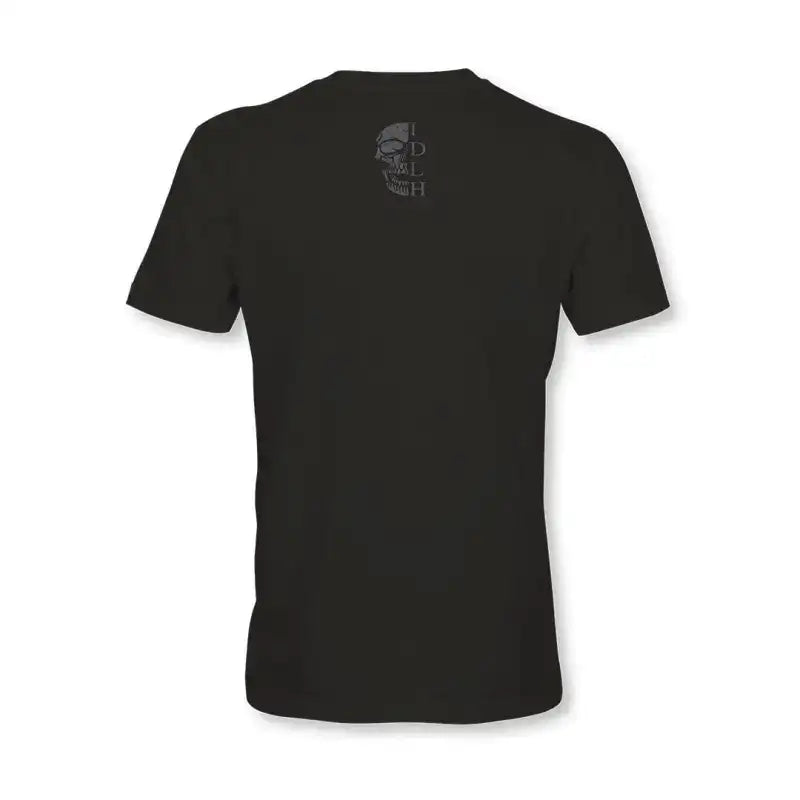 Plain black t-shirt with dark logo on back, available in Medium to 2XL sizes