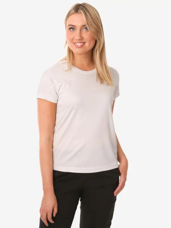 Plain white crew neck women’s short-sleeve underscrub with short sleeves