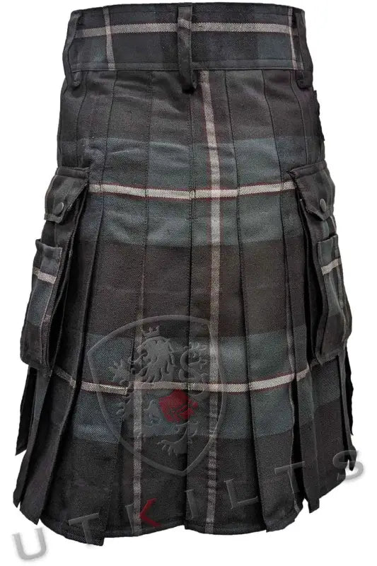 Pleated dark gray and black plaid Standard Midnight Sea Tartan Utility Kilt with cargo pockets