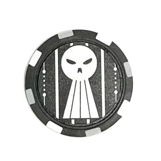 Circular black and white poker chip featuring a stylized skull design for first responders