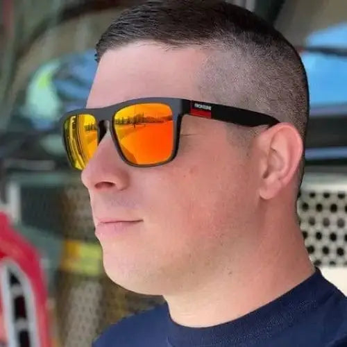 Orange-tinted sunglasses with black frames, Pomona Crimson from Frontline Optics for first responders