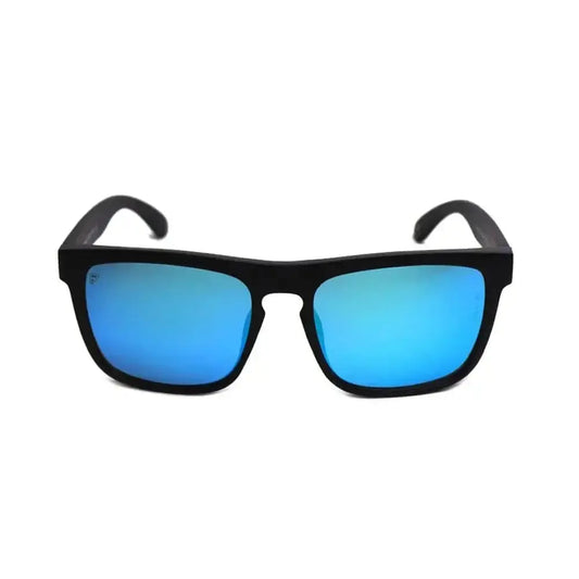 Black-framed Pomona Guardian sunglasses with blue mirrored lenses for frontline optics