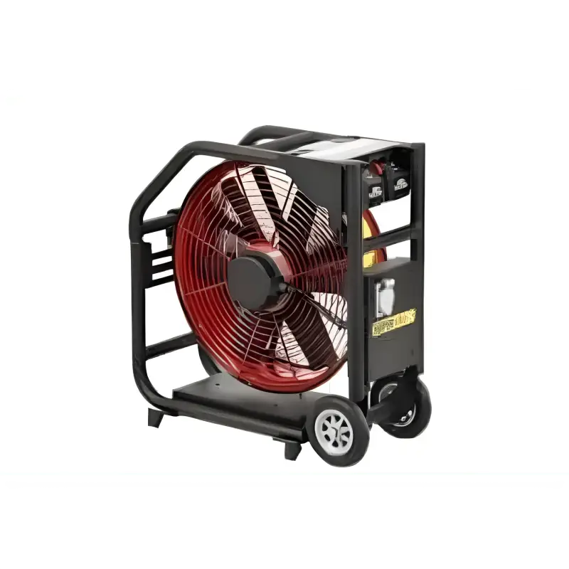 Portable industrial fan on wheels with red blades, Super Vac 18” with Milwaukee Batteries