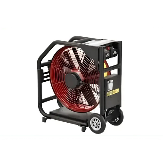 Portable industrial fan on wheels with red blades, Super Vac 18” with Milwaukee Batteries