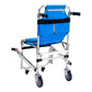 Portable EMS stair chair lift with blue fabric seat, aluminum frame, and patient restraints straps