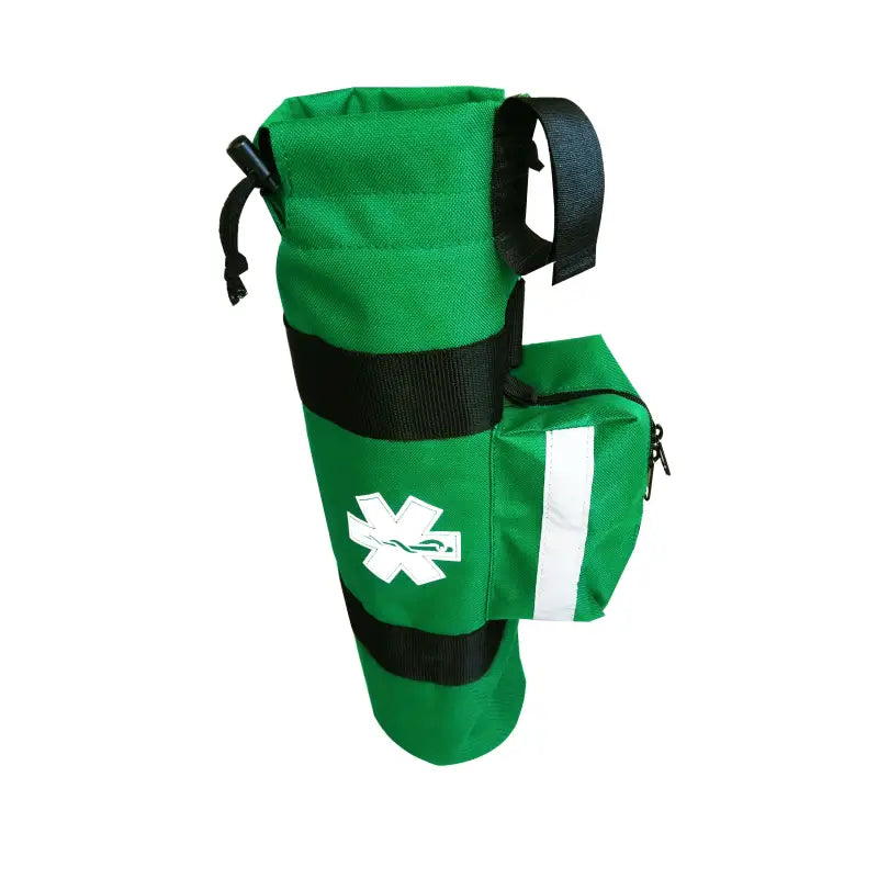 Green oxygen sleeve bag with clover emblem and pocket for portable oxygen cylinder