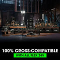 Power tools and FLEX FX0421-1H Stacked Starter Kit on wooden workbenches