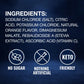 Orange Electrolytes product ingredients and health claims highlighting electrolyte powder and high sodium