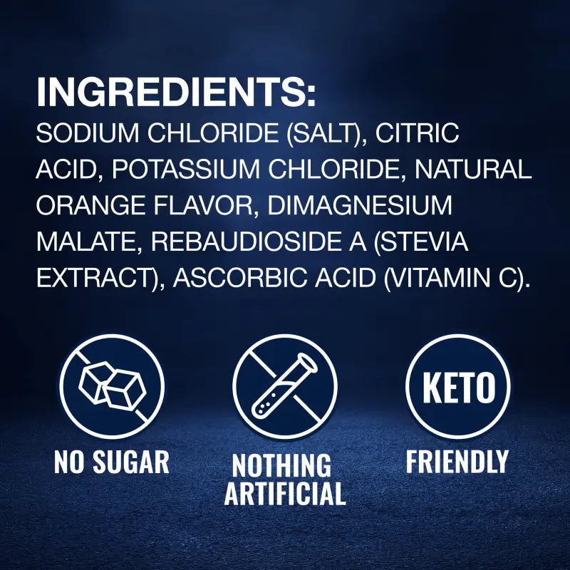 Orange Electrolytes product ingredients and health claims highlighting electrolyte powder and high sodium