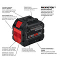 PROFACTOR 18V battery pack showcasing BOSCH GBA18V120 technical features in red and black