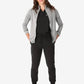 Professional athletic wear with a black jumpsuit and light grey women’s scrub jacket