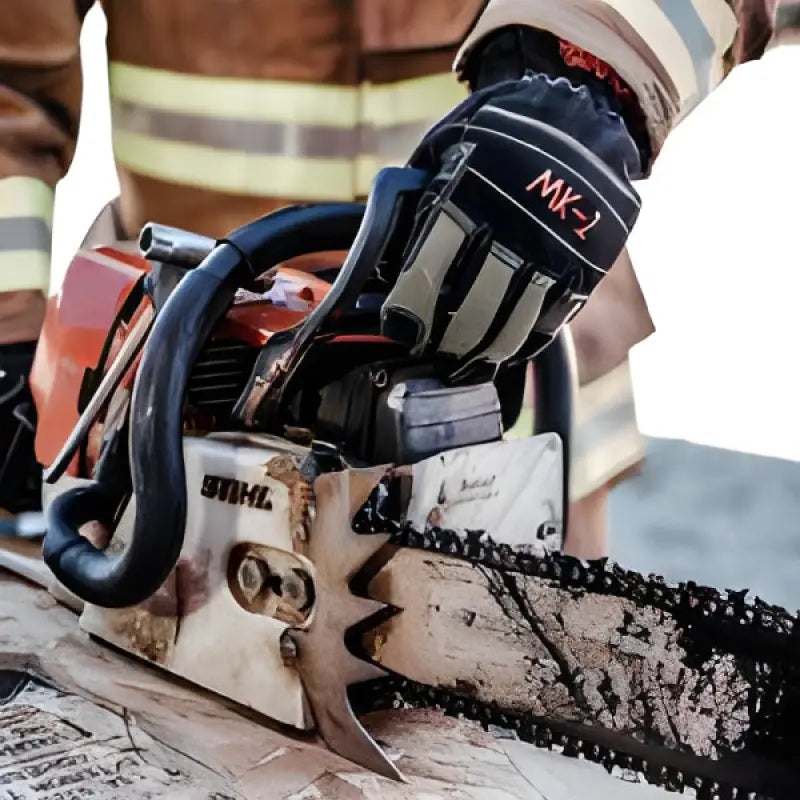 Professional STIHL chainsaw in use with MK-1 Structural Firefighting Glove featuring Kevlar knit