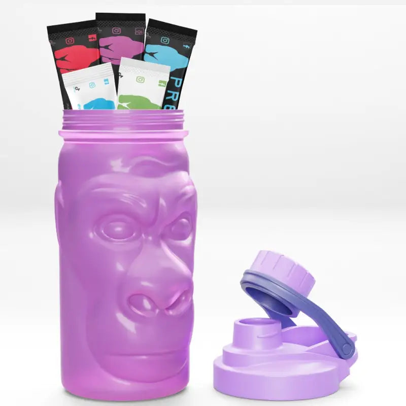 Purple gorilla-faced water bottle with supplement packets for first responders and firefighters