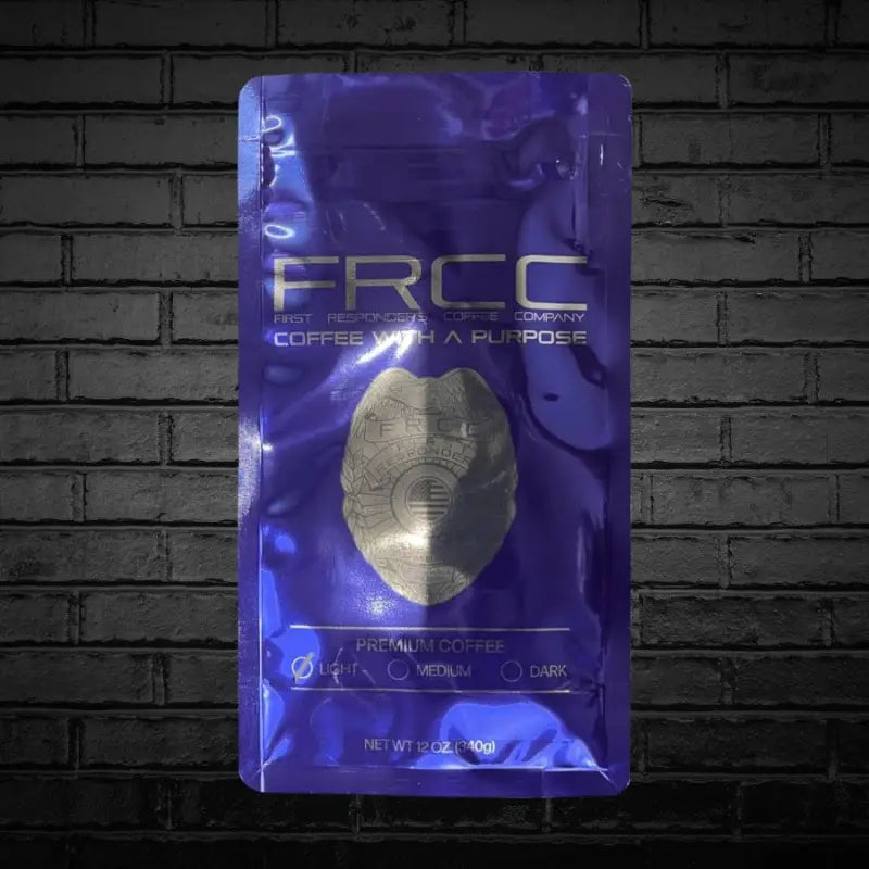 Purple metallic 12oz Police coffee bag featuring FRCC branding and badge-shaped logo