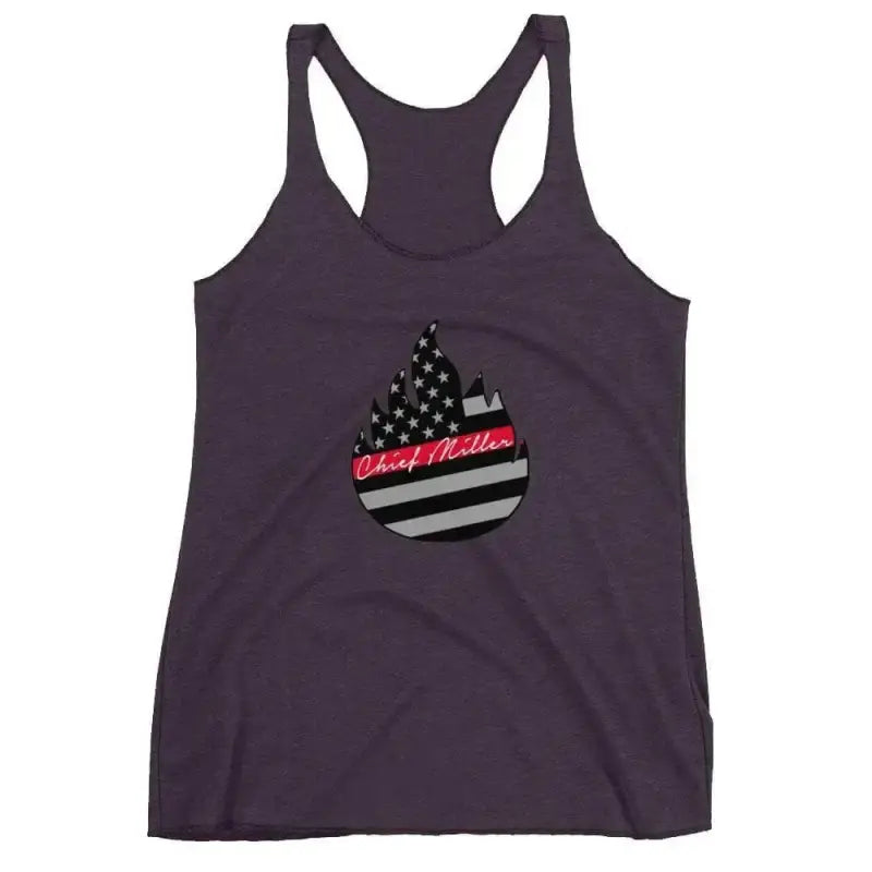 Purple racerback tank top with black and white American flag design in teardrop shape