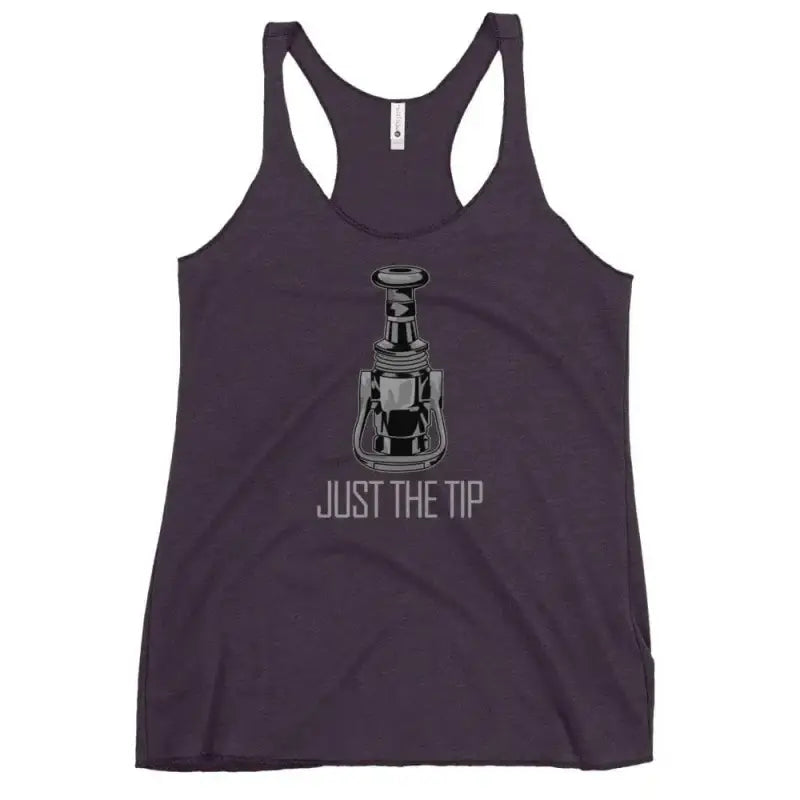 Purple racerback tank top with JUST THE TIP text and robot graphic design in vintage shocking pink