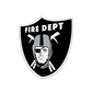 Black and silver RAIDERS Fire Department emblem with helmeted figure and crossed axes