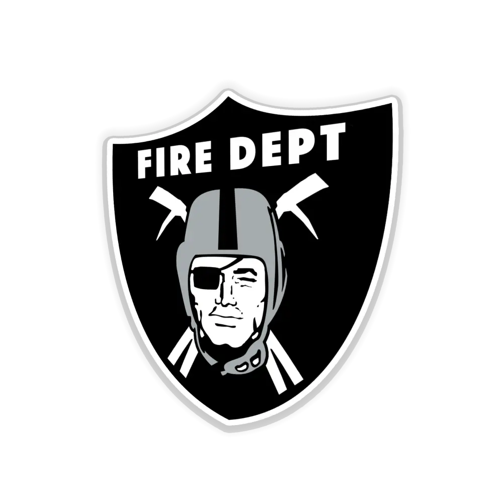 Black and silver RAIDERS Fire Department emblem with helmeted figure and crossed axes