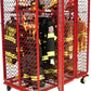 Red metal storage rack on wheels for firefighter gear by Ready Rack Systems with maximum air circulation