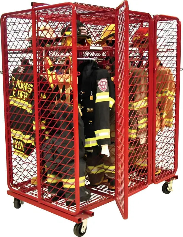 Red metal storage rack on wheels for firefighter gear by Ready Rack Systems with maximum air circulation