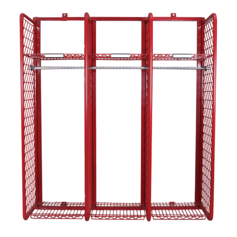 Red metal storage rack from Ready Rack Systems with vertical compartments for maximum air circulation