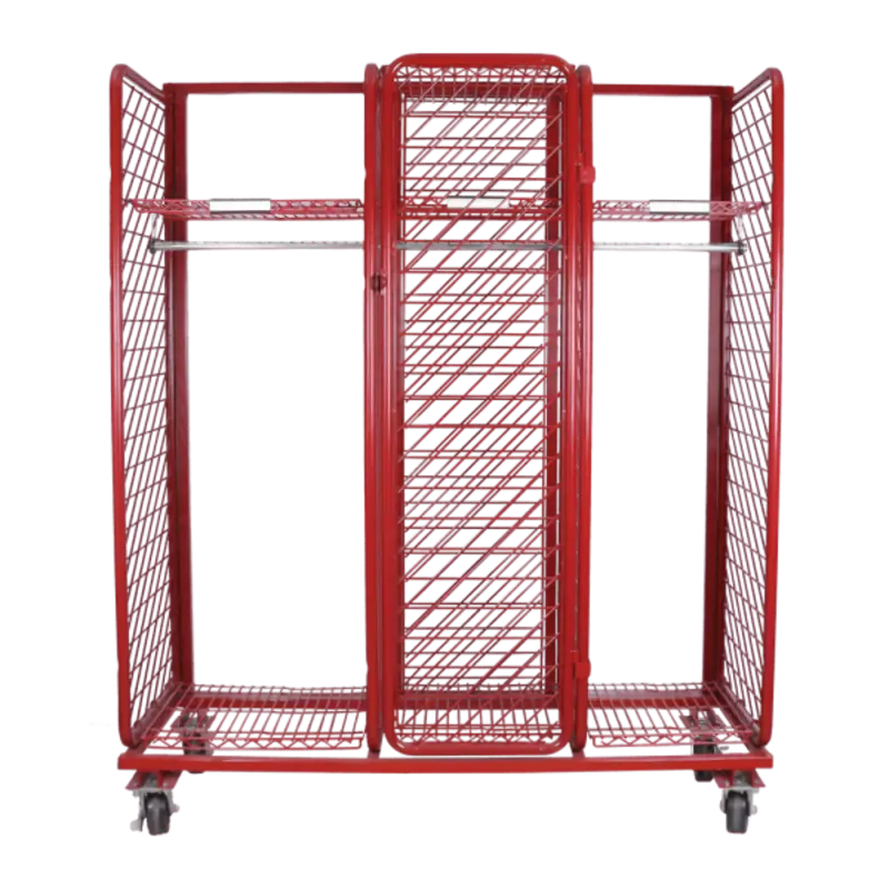 Red metal storage cart with mesh sides and wheels for Ready Rack Systems and maximum air circulation