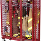 Red metal Ready Rack Systems on wheels for firefighter gear with maximum air circulation