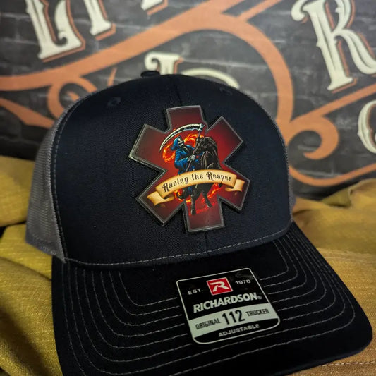 Racing the Reaper trucker hat with EMS Reaper leather patch for edgy style