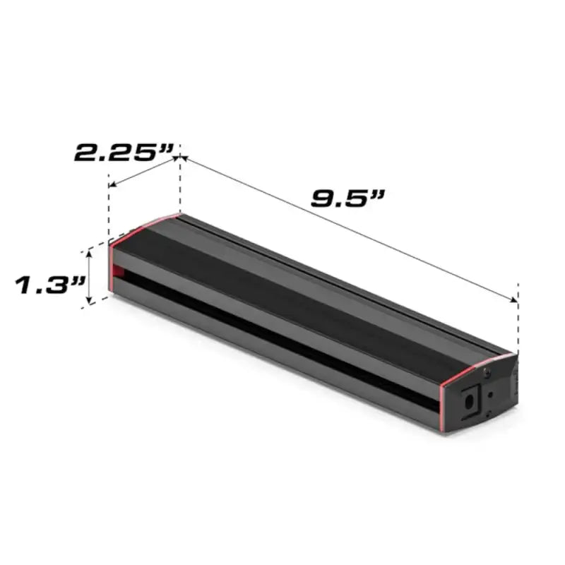 Rectangular black Feniex Fusion-S 200 Stick Light with dimensions for first responders