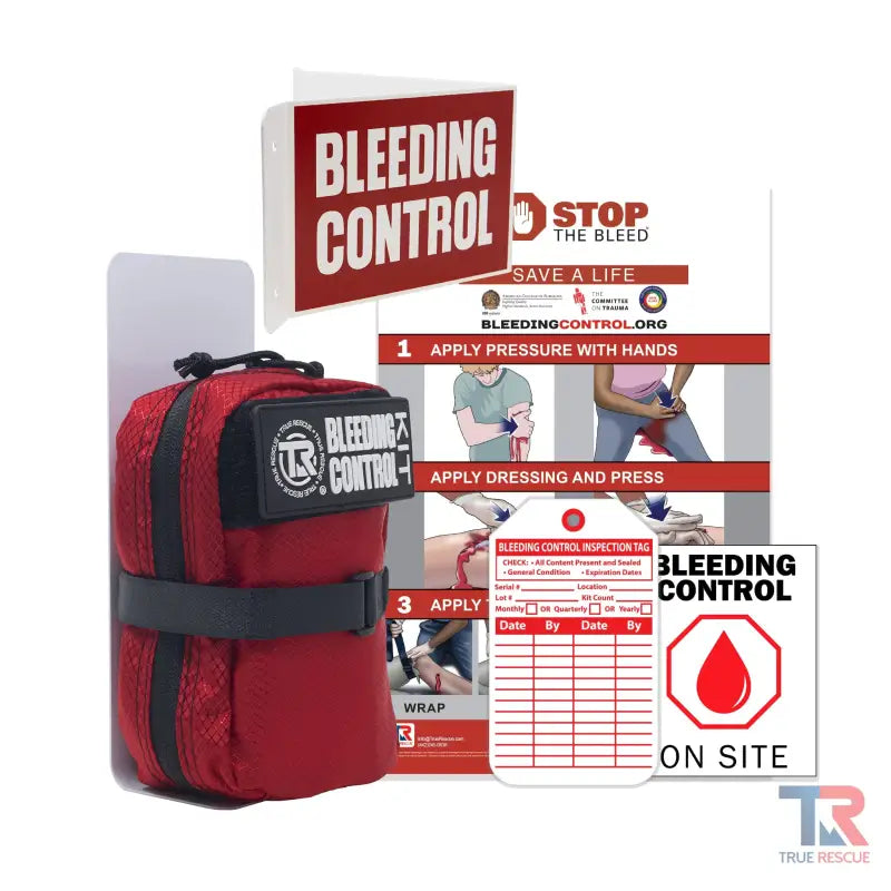 Red Bleeding Control Kit with Wall Mount and Hemostatic Dressing Instructional Signage