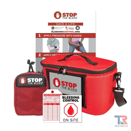 Red Stop the Bleed Kit for Schools, including bleeding control kit and C-A-T tourniquet