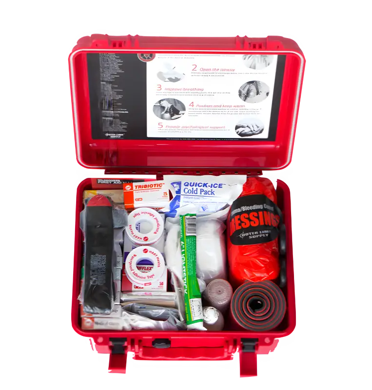 Red Waterproof 6500 Series First Aid Kit with elastic patch bandages for emergencies