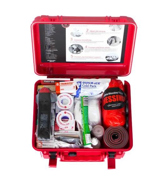 Red Waterproof 6500 Series First Aid Kit with elastic patch bandages for emergencies