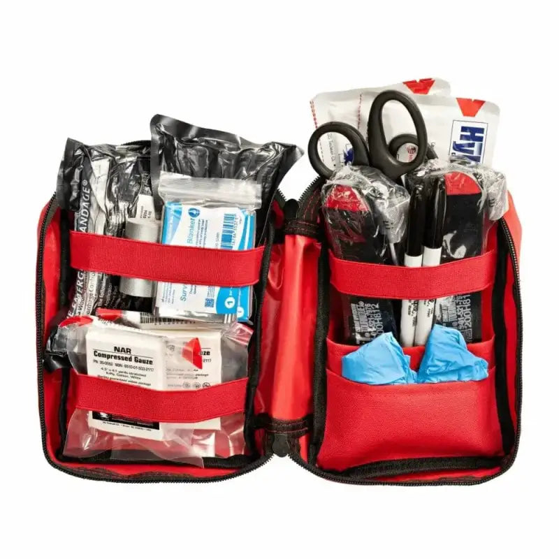 Red Scherber Public Access Bleeding Control Kit with compartments for medical supplies