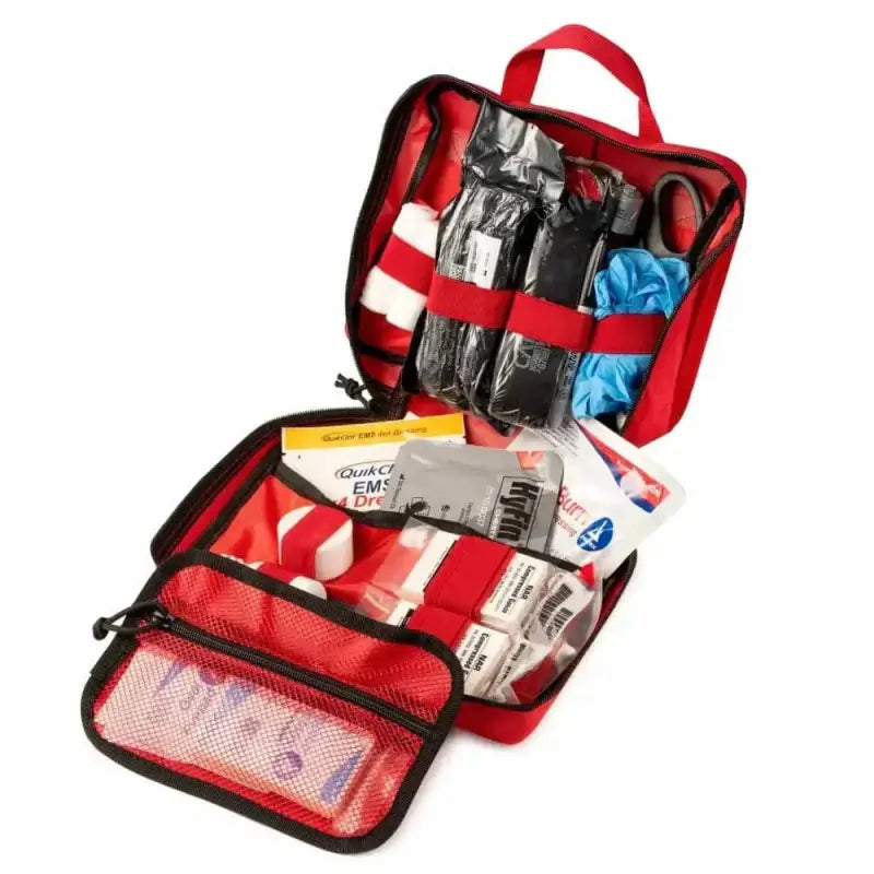 Red Scherber Vehicle IFAK Emergency Trauma Kit with multiple compartments and supplies