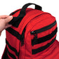 Red Tactical Trauma Backpack with USA flag patch and black striped design