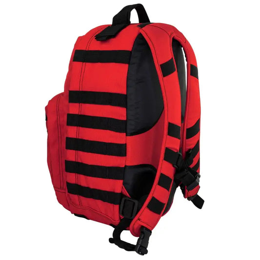 Red tactical trauma backpack with black stripes and USA flag patch for outdoor use