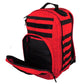 Red and black tactical trauma backpack with USA flag patch and multiple compartments